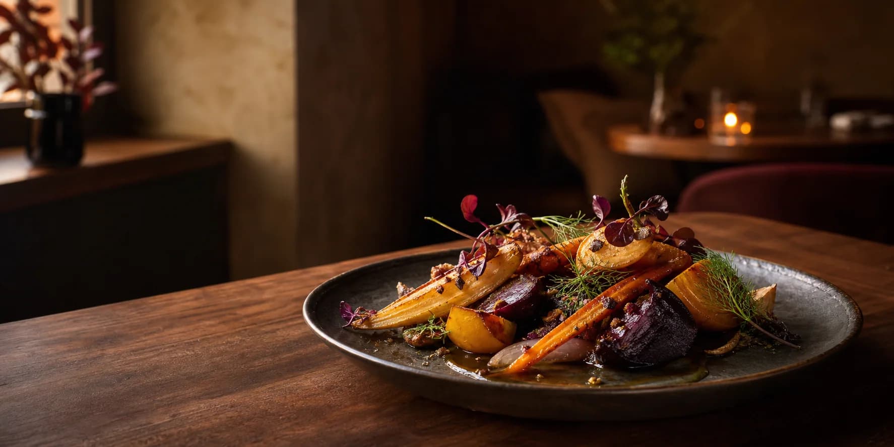 Seasonal roasted vegetables plated on dark ceramic in a warmly lit restaurant