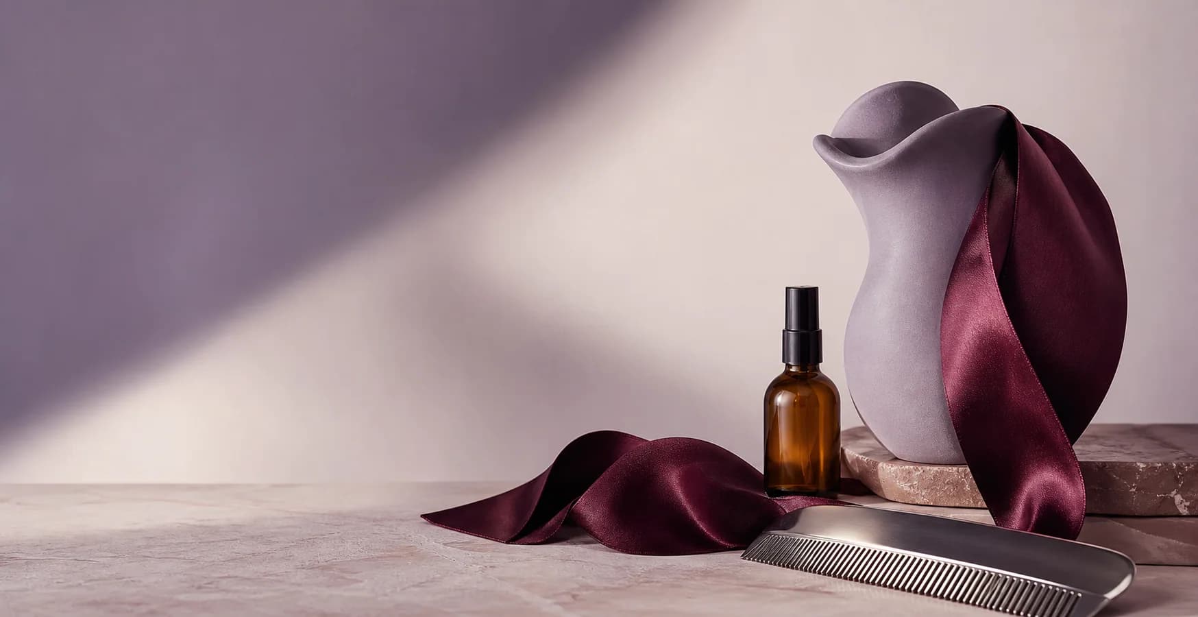 Editorial beauty still life with soft sculptural forms and salon tools