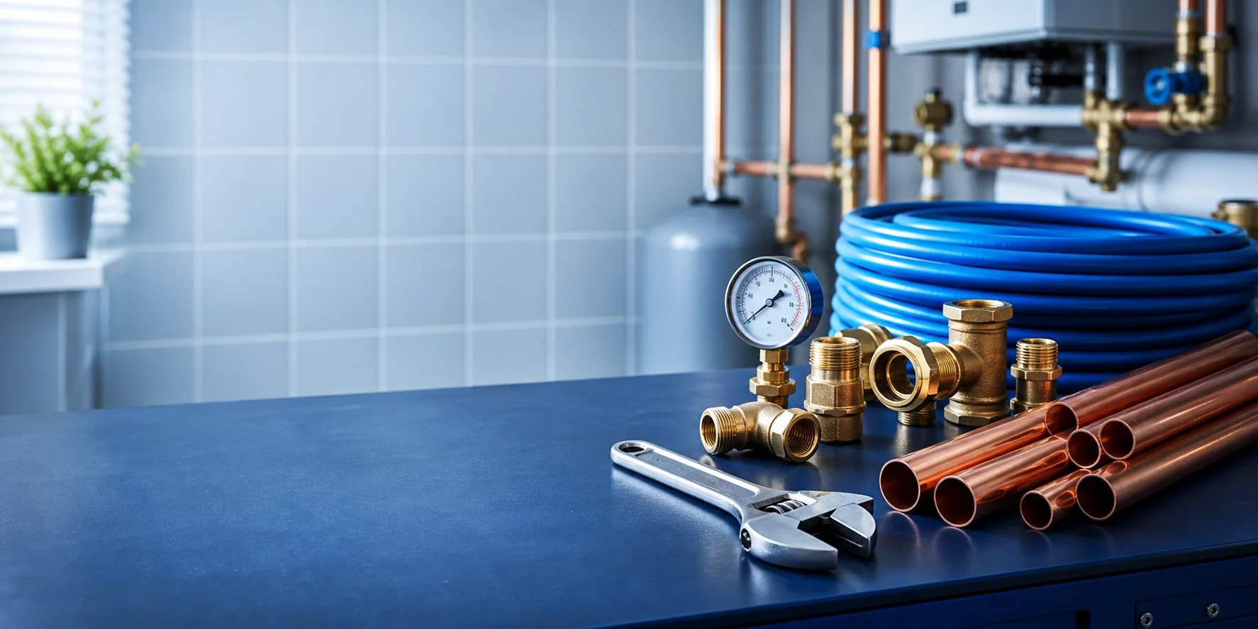 Copper plumbing fittings and tools arranged in a clean professional workspace