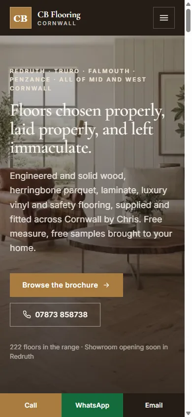 The CB Flooring Cornwall website on a phone