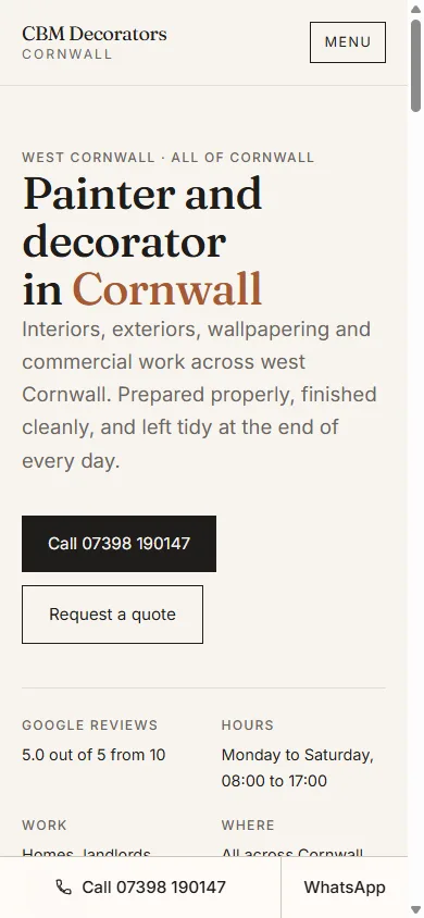 The CBM Decorators Cornwall website on a phone