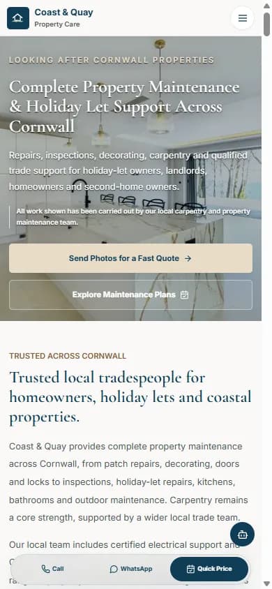 The Coast & Quay Property Care website on a phone