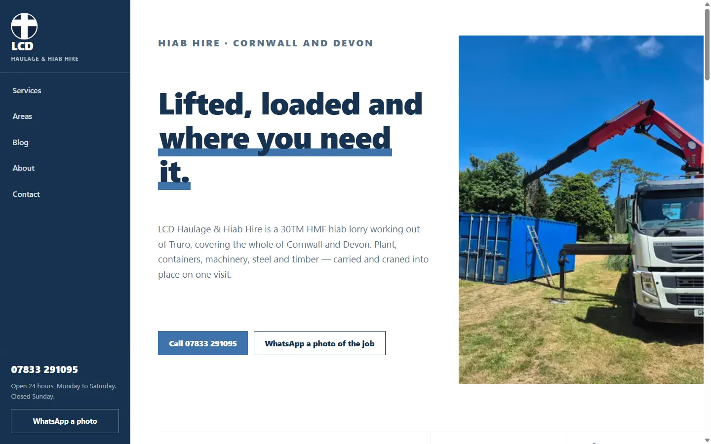 The LCD Haulage & Hiab Hire website on a desktop screen