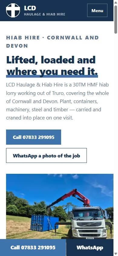 The LCD Haulage & Hiab Hire website on a phone