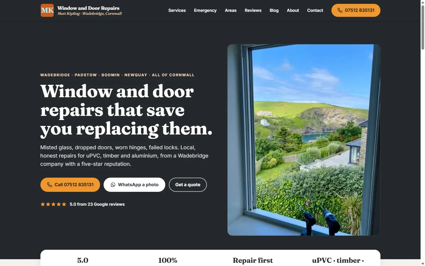 The MK Window and Door Repairs website on a desktop screen