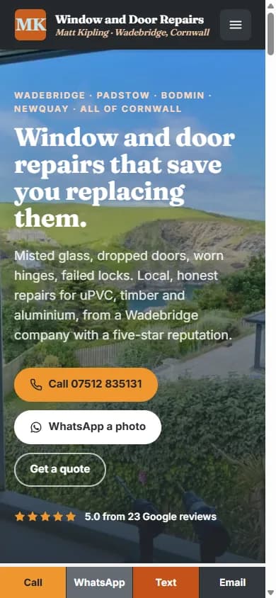 The MK Window and Door Repairs website on a phone