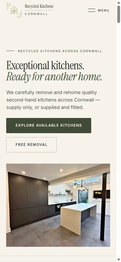 The Recycled Kitchens Cornwall website on a phone