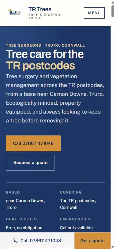 The TR Trees Cornwall website on a phone